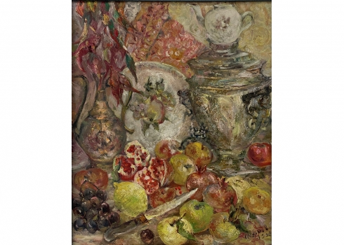 ישראלוב (צייר ממוצא בוכרי) - 'טבע דומם עם סמובר ורימונים' - ציור ישן, שמן על בד