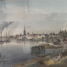 'מראה העיר דיסלדורף מהנמל' (Dusseldorf) תצריב עתיק מהמאה ה-19 (משנת 1840)