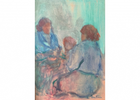 'שלוש נשים זקנות ליד שולחן ומפה' - שמן על בד צרפתי, חתום