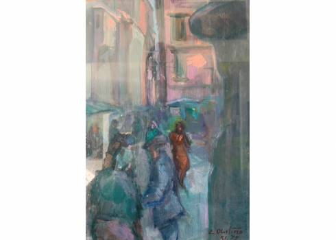 'דמויות ברחוב סגול' - ציור ישן, שמן על בד