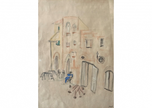 א. בורנשטין - 'דמות כחולה ביפו העתיקה' - רישום ואקוורל על נייר, חתום