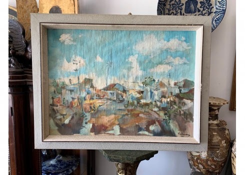 'מעברה' - ציור ישן, שמן על בד, חתום, אמן לא מזוהה