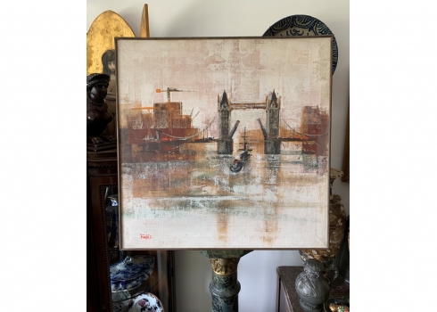 Colin Ruffell - 'נוף גשר ועגורנים' - ציור גדול ויפה, שמן על בד, חתום: 'Ruffell'