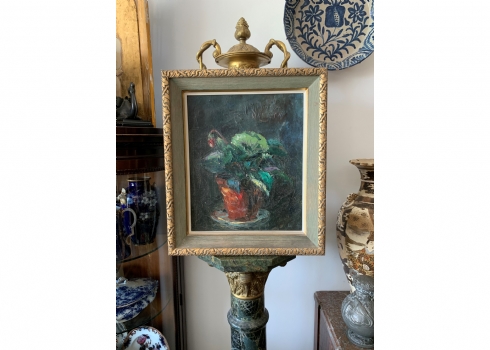 'עציץ רקפות' - ציור ישן, שמן על בד, לא חתום, אמן לא ידוע, כפי הנראה 1940-1950