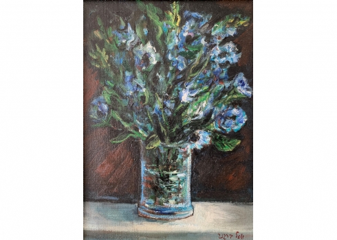 יוסל ברגנר (Yosl Bergner) - 'פרחים כחולים' - שמן על בד, חתום