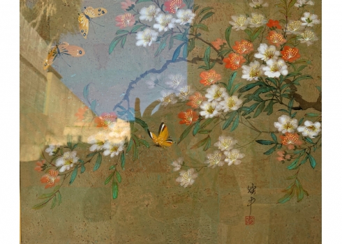 'פרפרים על ענף פורח' - ציור יפני ישן איכותי ויפה במיוחד, מצויר בעבודת יד