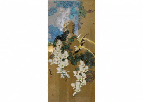 'שתי ציפורים לבנות וענף פורח בלבן' - ציור יפני ישן איכותי ויפה במיוחד