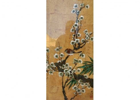 'ציפור חומה על רקע ענץ כחלחל ירקרק פורח בלבן' - ציור יפני ישן איכותי ויפה במיוחד