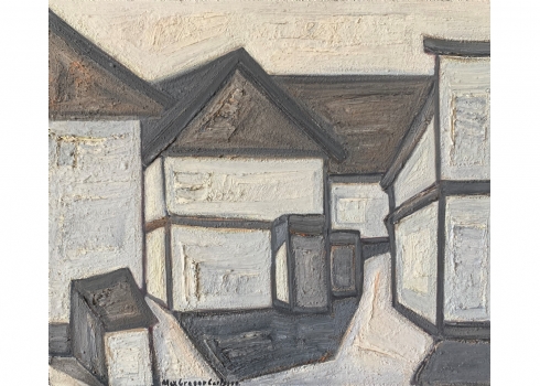 Max Gregor Carlsson (שבדי, יליד: 1914) - 'בתים באפור'' ציור ישן, שמן על בד, חתום