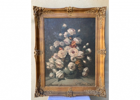 'זר גדול של שושנים לבנות' - ציור ישן ויפה מאד, שמן על בד, חתום