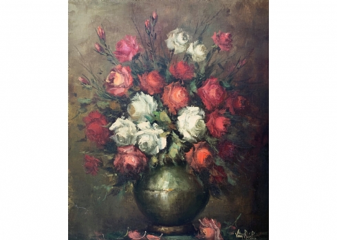 'שושנים אדומות ולבנות בכד כדורי אפור' - ציור ישן, שמן על בד, חתום