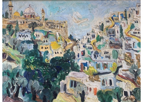 עמוס ישכיל - 'נוף ירושלים' - ציור ישן ויפה, שמן על בד, חתום