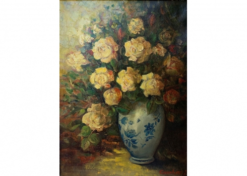 'פרחים בכד חרס עם זיגוג מלח' - ציור ישן, שמן על בד, חתום