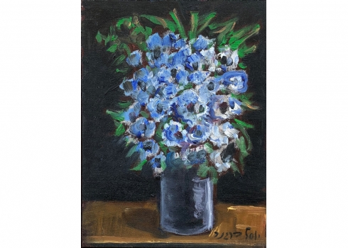 יוסל ברגנר (Yosl Bergner) - 'פרחים כחולים' - שמן על בד צרפתי, חתום