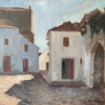 נוט נורמן (Knut Norman, צייר שבדי, 1896-1977) - 'נוף בתים עם קשת אבן' - ציור ישן