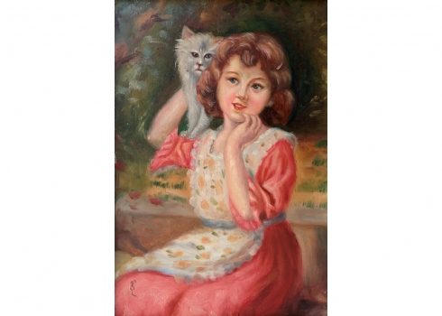 'ילדה עם חתול פרסי אפור'