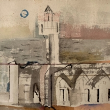 'נוף מסגד' - ציור ישן, אקוורל על נייר, חתום:  L. Schatz