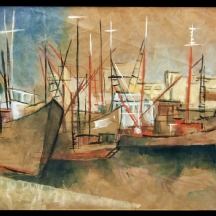 'סירות עוגנות' - יהודית הר אבן, שני ציורים ממוסגרים בשני צדדים