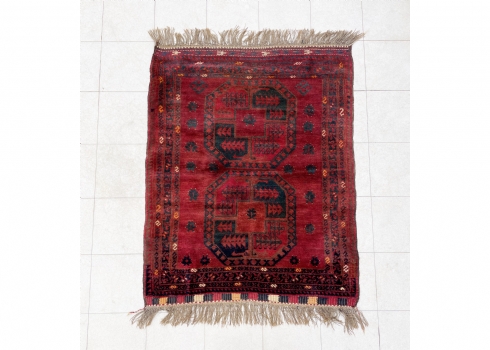 שטיח אפגני דוגמת רגלי פיל, ישן, צמר על כותנה (שטיח 1)