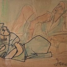 מרסל ינקו (Marcel Janco) - 'מנוחת חלוצים' - ציור ישן, רישום עיפרון, טוש ואקוורל