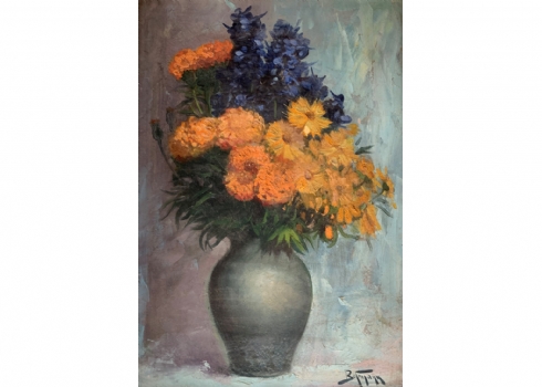 אברהם אדולף ברמן (adolf abraham behrmann) - 'פרחים כתומים וכחולים בכד ירוק'