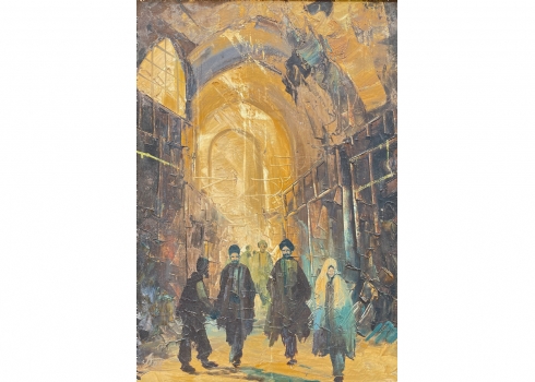 'דמויות בסמטה בעיר העתיקה' - ציור ישן, שמן על בד, חתום