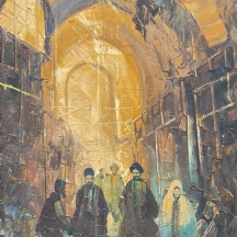'דמויות בסמטה בעיר העתיקה' - ציור ישן, שמן על בד, חתום