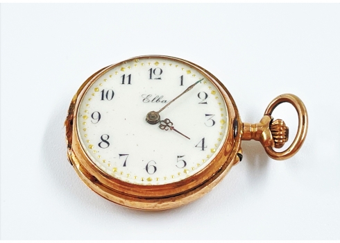 שעון כיס עתיק עשוי זהב צהוב 14 קארט (סמני מעיכה מצולמים), משקל כולל: 17.32 גרם