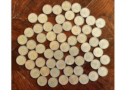 לאספני וסוחרי מטבעות - לוט של 61 מטבעות ישנים של 250 פרוטה, שנת תש"ט