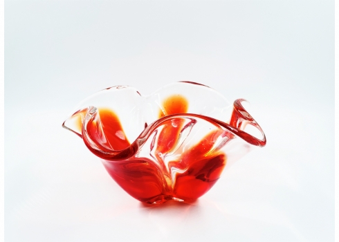 קערת זכוכית מורנו איטלקית איכותית וכבדה בעלת שוליים משופלות, עשויה זכוכית אדומה