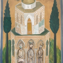 שמואל בונה - 'שלושה מתפללים במסגד בין שני ברושים', ליטוגרפיה ישנה ויפה, חתום