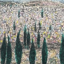 סיומה ברעם - 'ברושים בירושלים' - תצריב צבוע ביד, חתום 'ברעם'