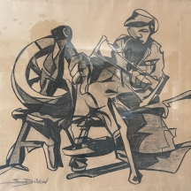 Simon Bilew (אמן צרפתי, 1915–1991)  - 'שני שוחטים ופרה בבית המטבחיים' - ציור ישן