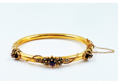 צמיד זהב עתיק יפה ואיכותי מאד מהמאה ה-19 עשוי זהב ואבני אמטיסט ופנינים