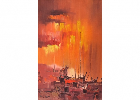 'סירות בשקיעה כתומה' - ציור ישן, שמן על בד מוצמד לקרטון, חתום