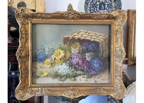 'סלסלת פרחים הפוכה', שמן על בד צרפתי, חתום: 'muller'