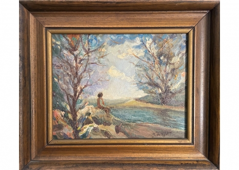 אדם בקרמן - 'בדידותו של הדייג בנחלים ארוכים' - ציור ישן, שמן על בד צרפתי, חתום