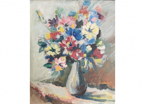 'פרחים באגרטל' - ציור ישן, שמן על בד צרפתי, אמן לא ידוע, לא חתום