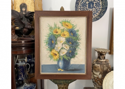 'פרחים בכד כחול' - ציור ישן, שמן על בד, חתום