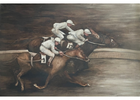 רחל טימור (Rachel Timor) - 'מרוץ סוסים' - ציור ישן, שמן על בד, לא חתום