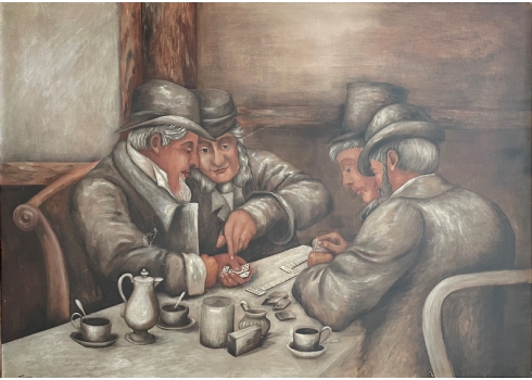 רחל טימור (Rachel Timor) - 'שחקני דומינו' - ציור גדול, שמן על בד