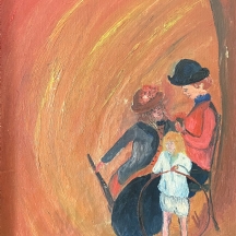 'אישה ושני ילדים משחקים בחישוק אדום' - ציור ישן, שמן על בד