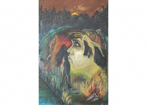 'רק ערומות יש לו בראש' - ציור ישן, שמן על בד, חתום: סלי