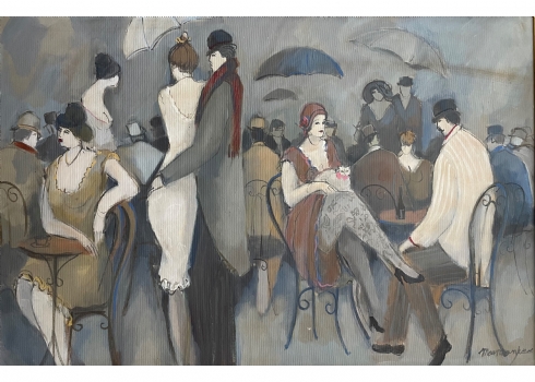 יצחק מימון (Isaac Maimon) - 'חמש דמויות בבית קפה וחתול לבן' - שמן על בד, חתום