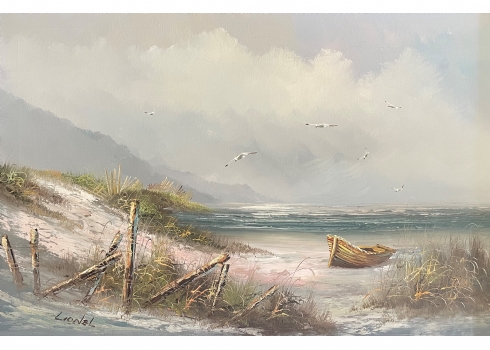 'ששה שחפים וסירה נטושה על החוף'