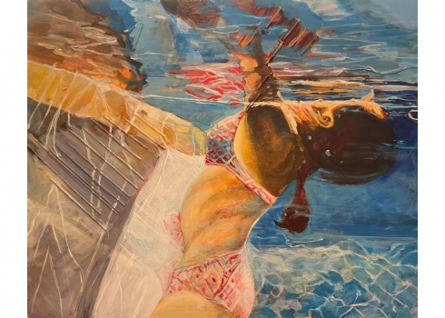 אסתר נמדר  (Ester Namdar) - 'ילדה בבריכת שחיה' - ציור שמן על בד, חתום