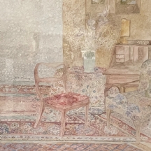 א. רוזנטל - 'פנים חדר עם סקרטר עתיק ושני כיסאות' - אקוורל על נייר, גדול ואיכותי