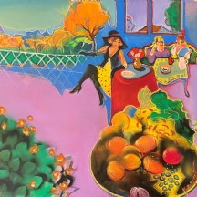 'שלוש נשים על מרפסת עם נוף שלכת כתום' - ציור גדול ויפה, אקריליק על בד, חתום