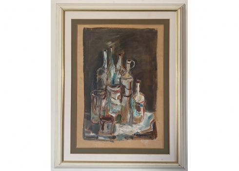 יוסל ברגנר - 'בקבוקים וצנצנות' - ציור ישן ויפה במיוחד, גואש על נייר, חתום ומתואר
