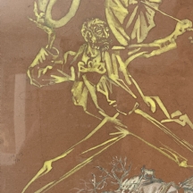 'איש צהוב מרחף מעל העיר עם מטריה ומגבעת' - ציור ישן, אקוורל על נייר, נושא כיתוב